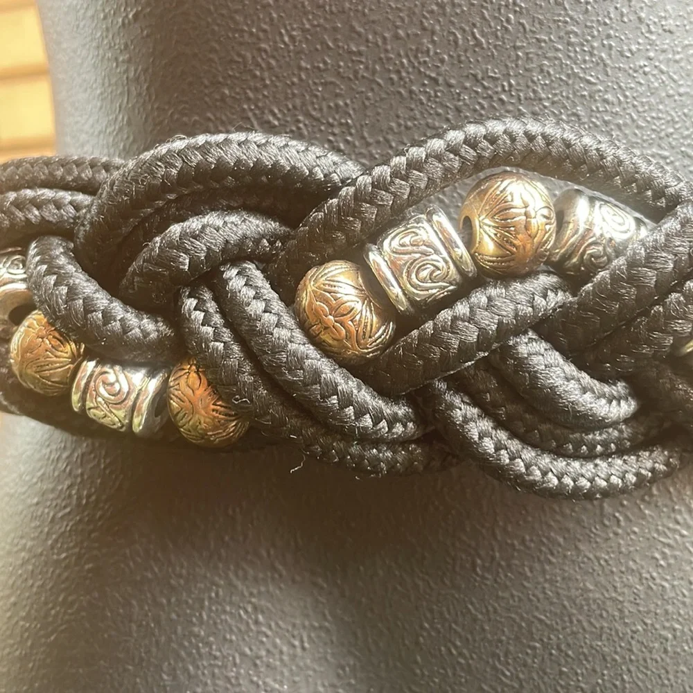 Vintage 90’s Black Braided Rope Belt w/ Silver & Bronze Etched Beads – 27”